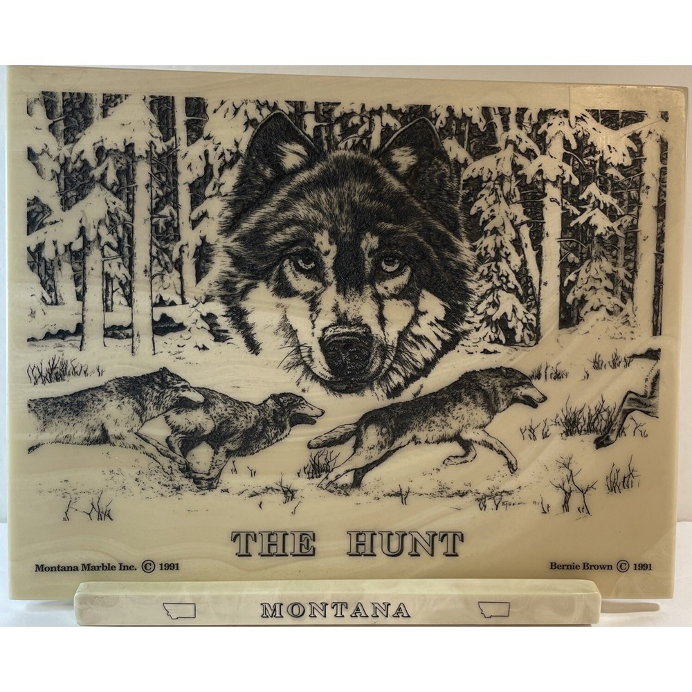 Vintage 1991‎ Bernie Brown Montana Marble Inc. "The Hunt" Plaque With Stand